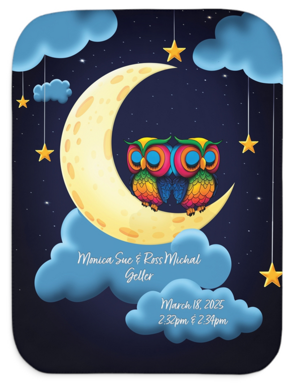 personalized twins baby blanket with twin owls sitting on a crescent moon