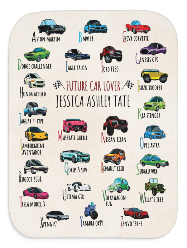 Personalized ABC Car Lover Sherpa Baby Blanket