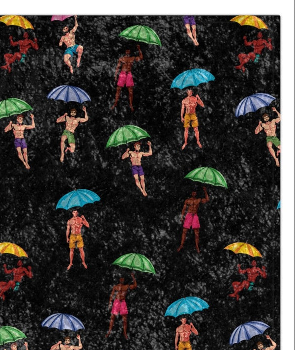 Pattern of men holding colorful umbrellas on a black background