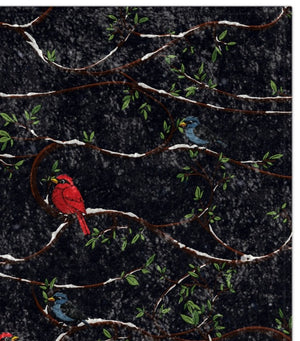 Patterned fabric with red birds on branches against a dark background