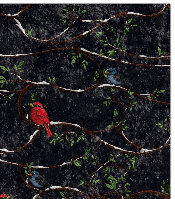 Patterned fabric with red birds on branches against a dark background