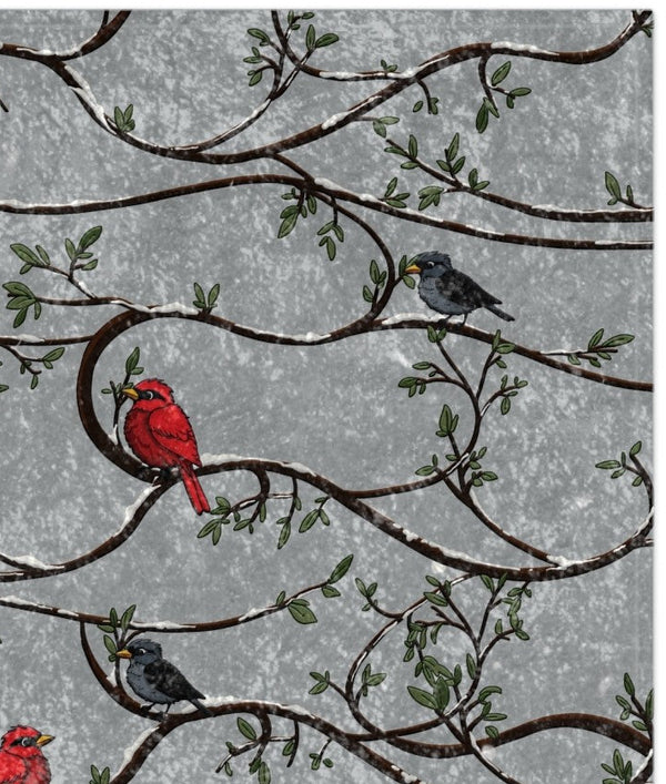 Pattern of red birds and black birds on branches with a gray background