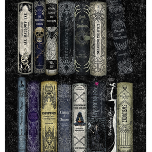 A gothic-themed throw blanket featuring fifteen illustrated book spines arranged in two rows on a dark textured background. The books display various titles and ornate designs in muted tones of black, gray, beige, purple, and blue, with some books showing silhouettes of a dagger, key, and a skull.