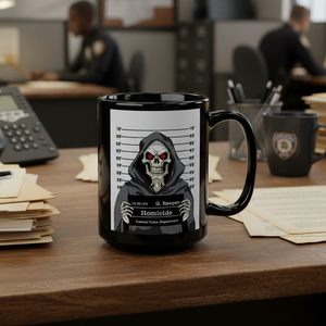 Black mug with a grim reaper design on a desk in an office setting