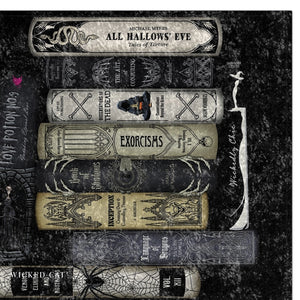 A collage of horror-themed book spines and decorative occult-style book covers arranged on a dark textured background. Visible titles include All Hallows' Eve, Exorcisms, The Art of the Dead, Exorcism, Inception, The Master of Spiders, and Wicked.
