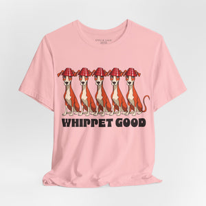 Gold t-shirt with 'Whippet Good Devo 80's Music Funny' design on a white background