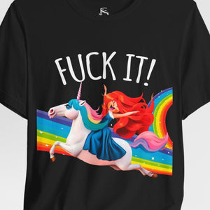 Person wearing a Gold t-shirt with 'Rainbows & Unicorns Funny' design on a plain background