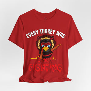 Yellow t-shirt with 'Kung Fu Fighting Turkey 80s Music Funny' design on a white background