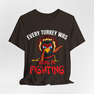 Navy blue t-shirt with 'Kung Fu Fighting Turkey 80s Music Funny' design on a white background