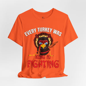 White t-shirt with 'Kung Fu Fighting Turkey 80s Music Funny' design on a white background
