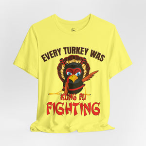 Natural t-shirt with 'Kung Fu Fighting Turkey 80s Music Funny' design on a white background