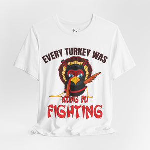 Black t-shirt with 'Kung Fu Fighting Turkey 80s Music Funny' design on a white background