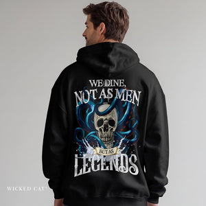 Person wearing a black hoodie with a skull design and text on the back, brand 'Wicked Cat' visible.