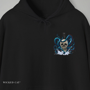 Black hoodie with a skull and bottle design on the chest, featuring the brand 'Wicked Cat'.