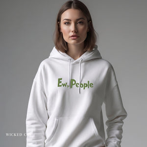 Person wearing a white hoodie with 'Ew, People' text on a gray background