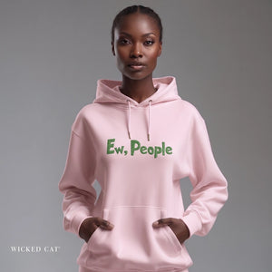 Person wearing a pink hoodie with 'Ew, People' text on a gray background