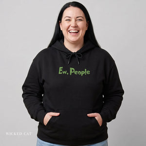 Person wearing a black hoodie with 'Ew, People' text on a gray background
