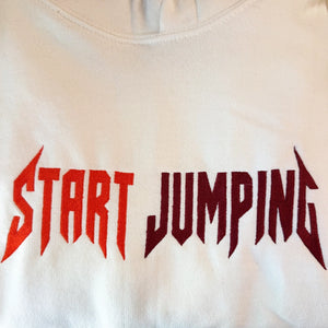 White sweatshirt with 'START JUMPING' text in red and black on a white background