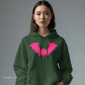 Black hoodie with 'Pink Bat Halloween' design on a plain background