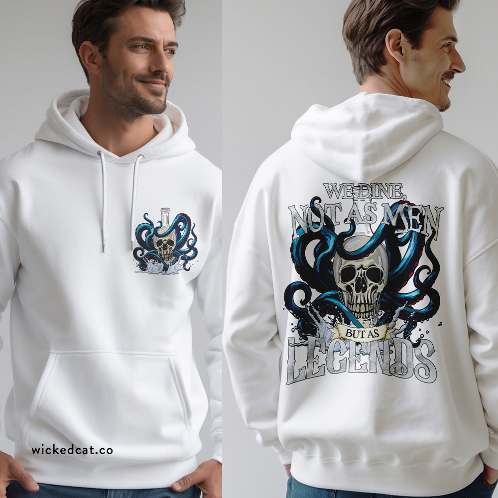 White hoodie with a Pirate skull design and text on front and back, brand 'wickedcat.co' visible.