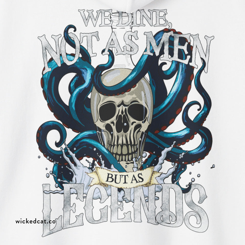 Pirate Skull design with blue tentacles and text We Dine, Not as Men, But as Legends, on a white background