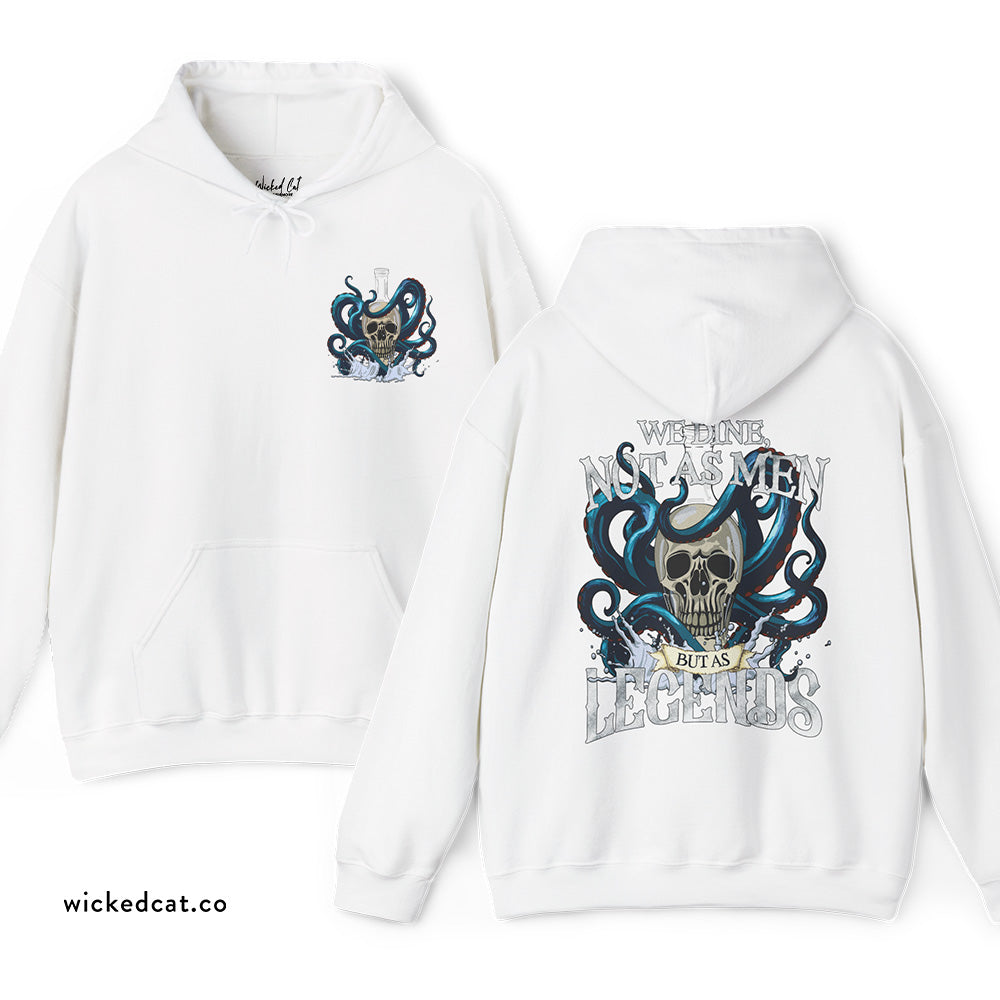 White hoodie with a Pirate skull design and text on front and back, brand 'wickedcat.co' visible.
