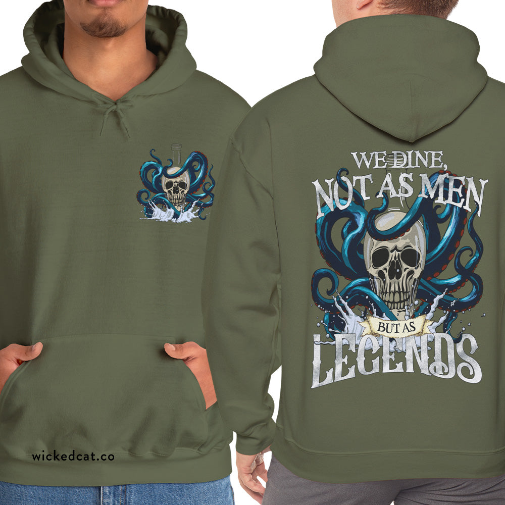 Green hoodie with skull design and text on front and back, worn by a person.