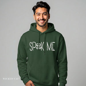 Man wearing a green hoodie with 'Spook Me' text on a gray background