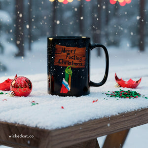 mug with 'Merry Fucking Christmas Grinch 15oz' graphic on a white background