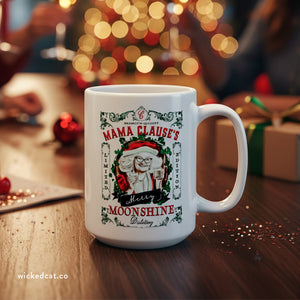 mug with 'Mama Clause Moonshine Christmas 15oz' graphic on a white background