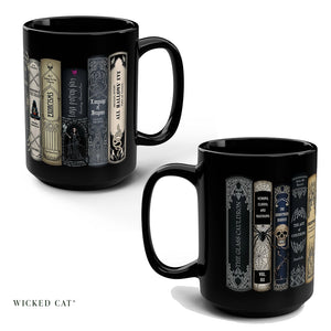 Two Black coffee mugs with Halloween books design.
