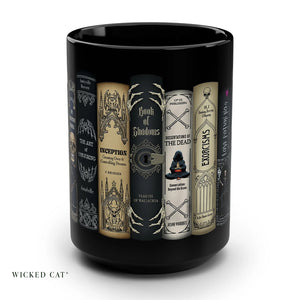 Black coffee mug with Halloween books design.