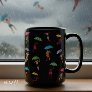 mug with 'It's Raining Men Funny' graphic on a white background