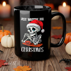 mug with 'Just Waiting For Christmas Funny Halloween' graphic on a white background