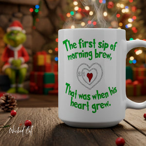 mug with 'Grinch Heart Funny Christmas' graphic on a white background