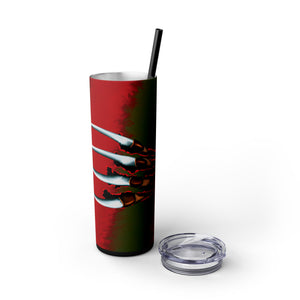 mug with 'Nightmare on Elm Freddy Krueger Skinny Tumbler 20oz' graphic on a white background