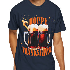 Person wearing a white t-shirt with 'Beer Lovers Funny Thanksgiving' design on a plain background