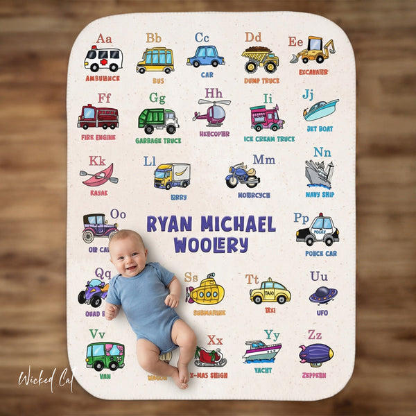 Personalized Transportation ABC Sherpa Baby Blanket