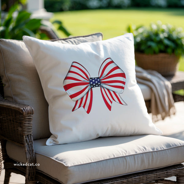 American Flag Bow Indoor Outdoor July 4th Throw Pillow