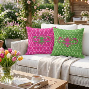 throw pillow with 'Honeycomb Bee Reversible Pink & Green' design