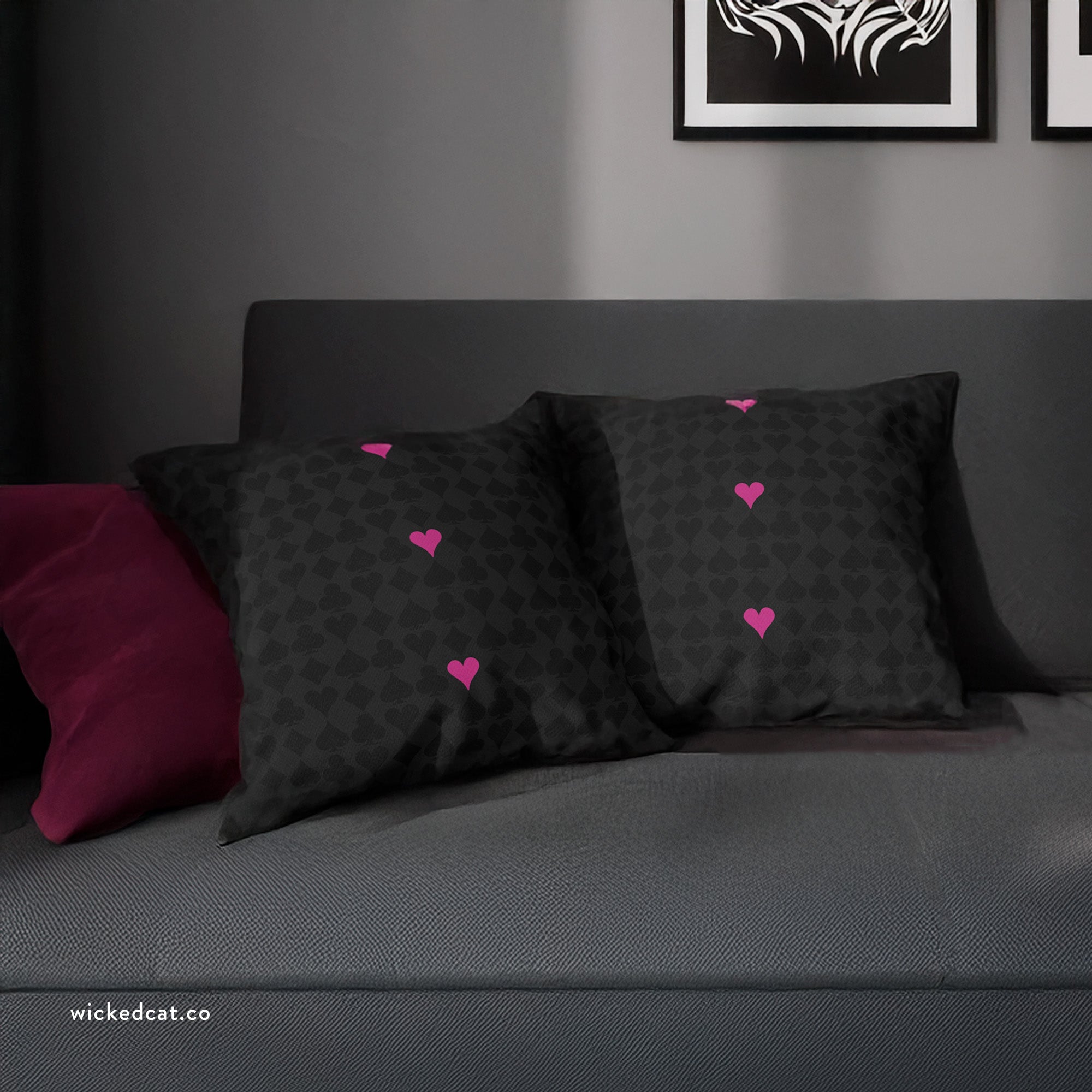 deck of cards black throw pillow pink hearts