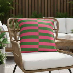 Pink and Green Striped Indoor Outdoor Throw Pillow