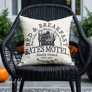 throw pillow with 'Bates Motel Halloween' design