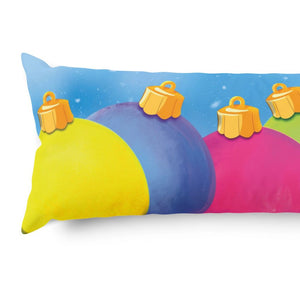 Close up of body pillow with large hand-illustrated pastel ornaments.