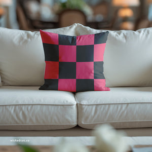 Pink & Dark Grey Checkered Faux Suede Pillow Cover