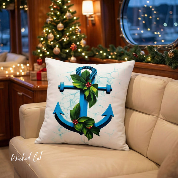 Decorative pillow with blue anchor design on a beige couch in a festive interior on a yacht.