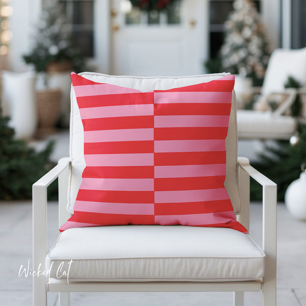 Pink & Red Striped Indoor Outdoor Throw Pillow
