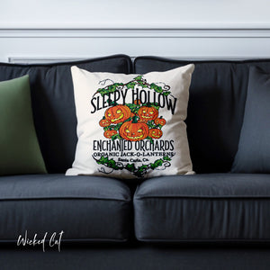 throw pillow with 'Sleepy Hollow Orchards Halloween Soft Cover' design