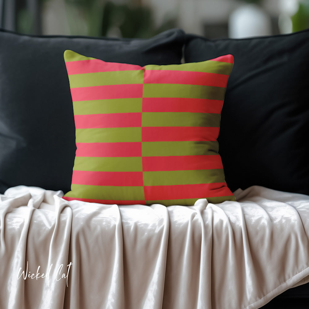 Pink and Green Striped Festive Christmas Throw Pillow