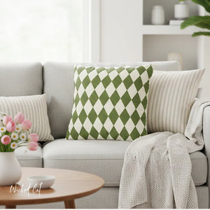 throw pillow with 'Reversible Green Harlequin Cover' design